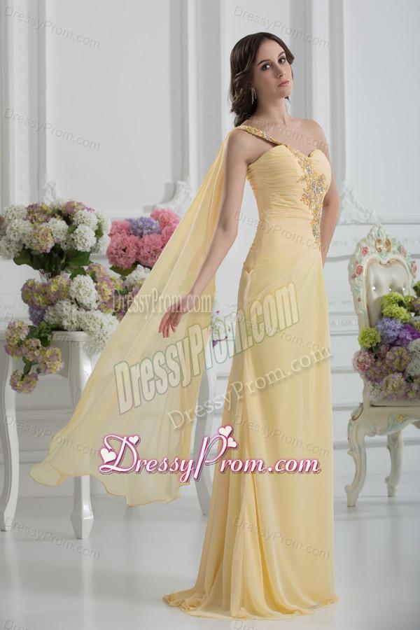 Bowknot Sweetheart Empire Watteau Train Prom Dress in Gold