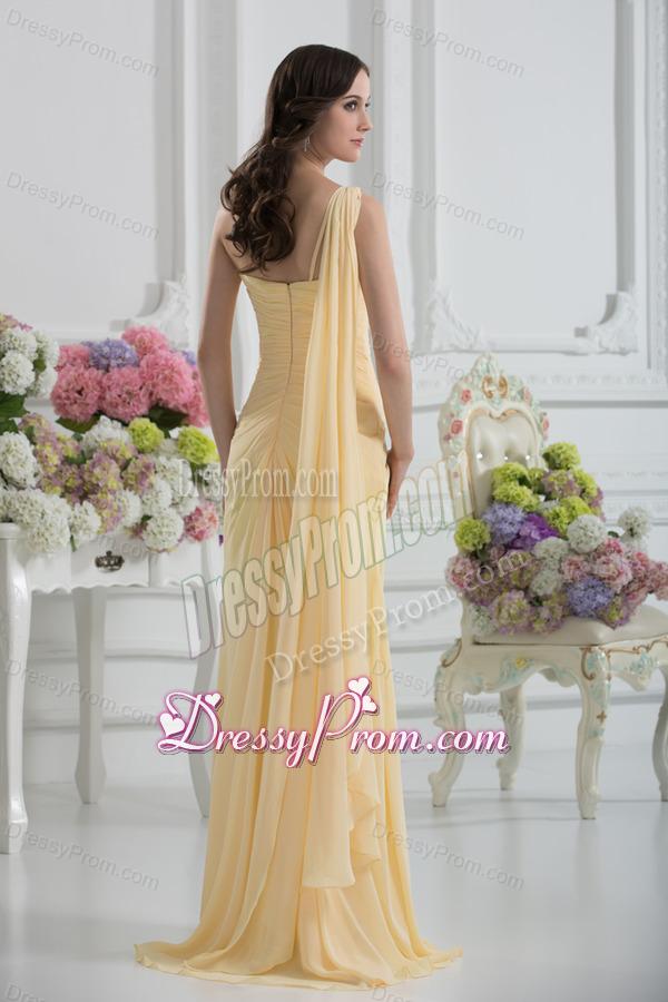 Bowknot Sweetheart Empire Watteau Train Prom Dress in Gold