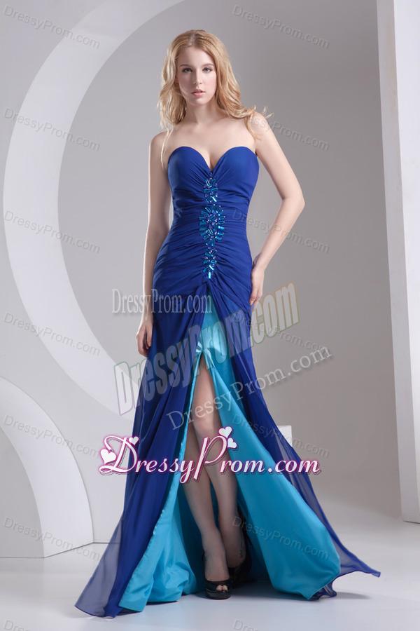 Column Blue Sweetheart Beading High Slit Chiffon Prom Dress