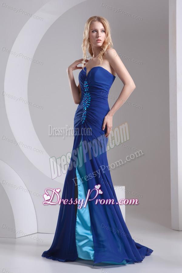 Column Blue Sweetheart Beading High Slit Chiffon Prom Dress