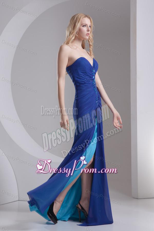 Column Blue Sweetheart Beading High Slit Chiffon Prom Dress