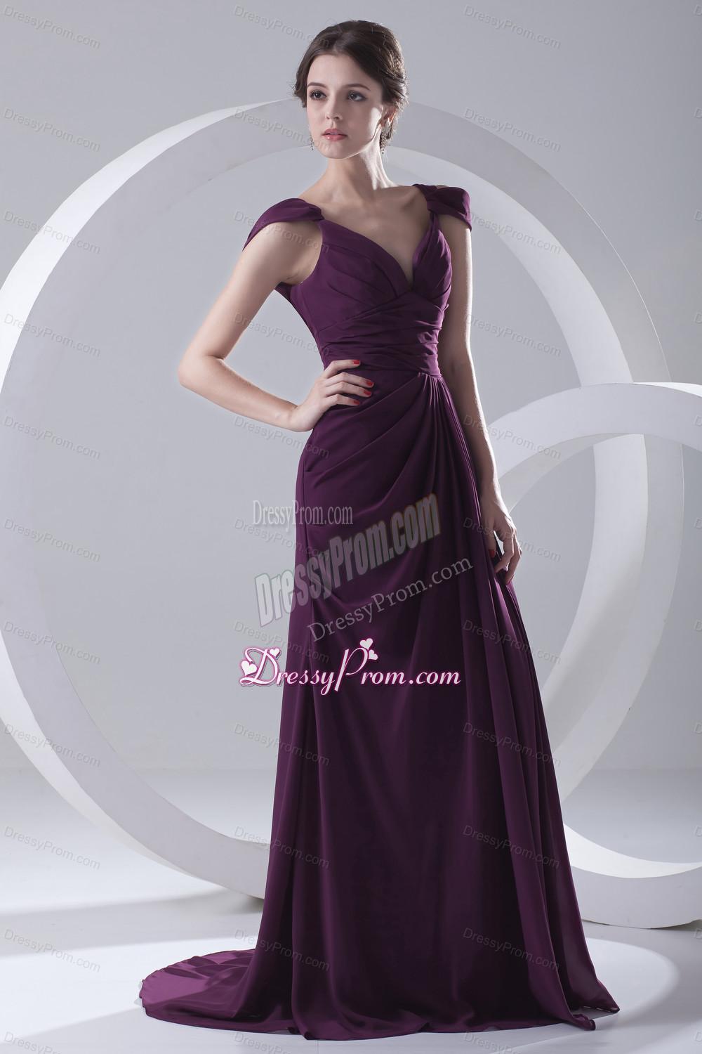Column Burgundy Ruching Straps Cap Sleeves Dresses for Prom