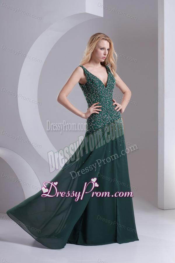 Column V-neck Chiffon Beading Dark Green Prom Dress