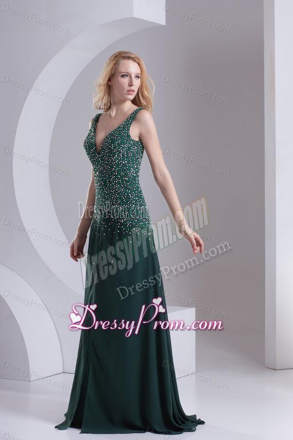 Column V-neck Chiffon Beading Dark Green Prom Dress