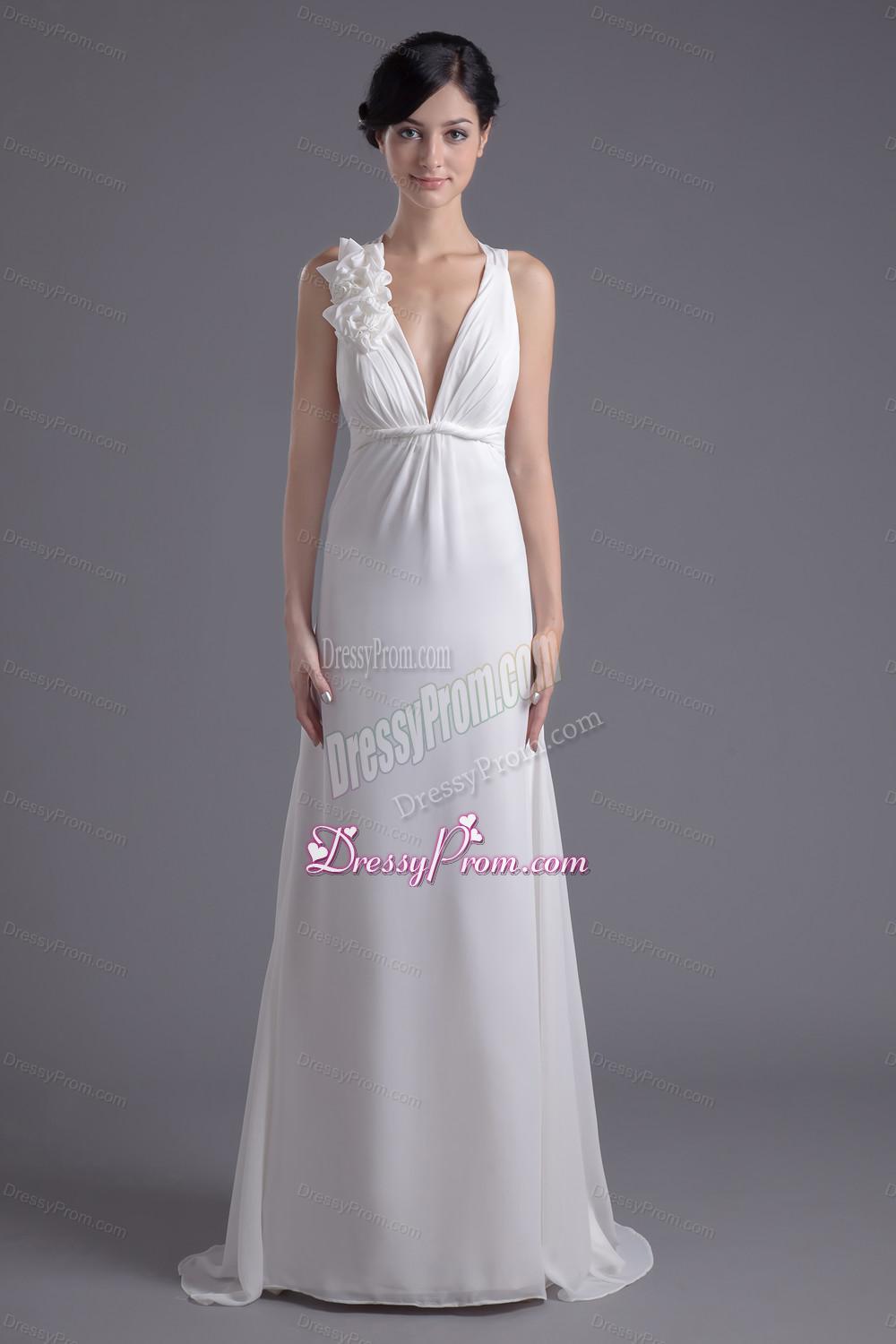 Column White Chiffon V-neck Prom Dress with Hand Made Flowers