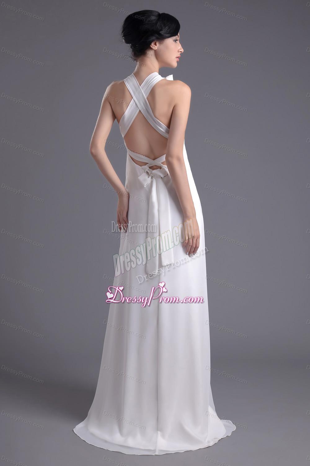 Column White Chiffon V-neck Prom Dress with Hand Made Flowers
