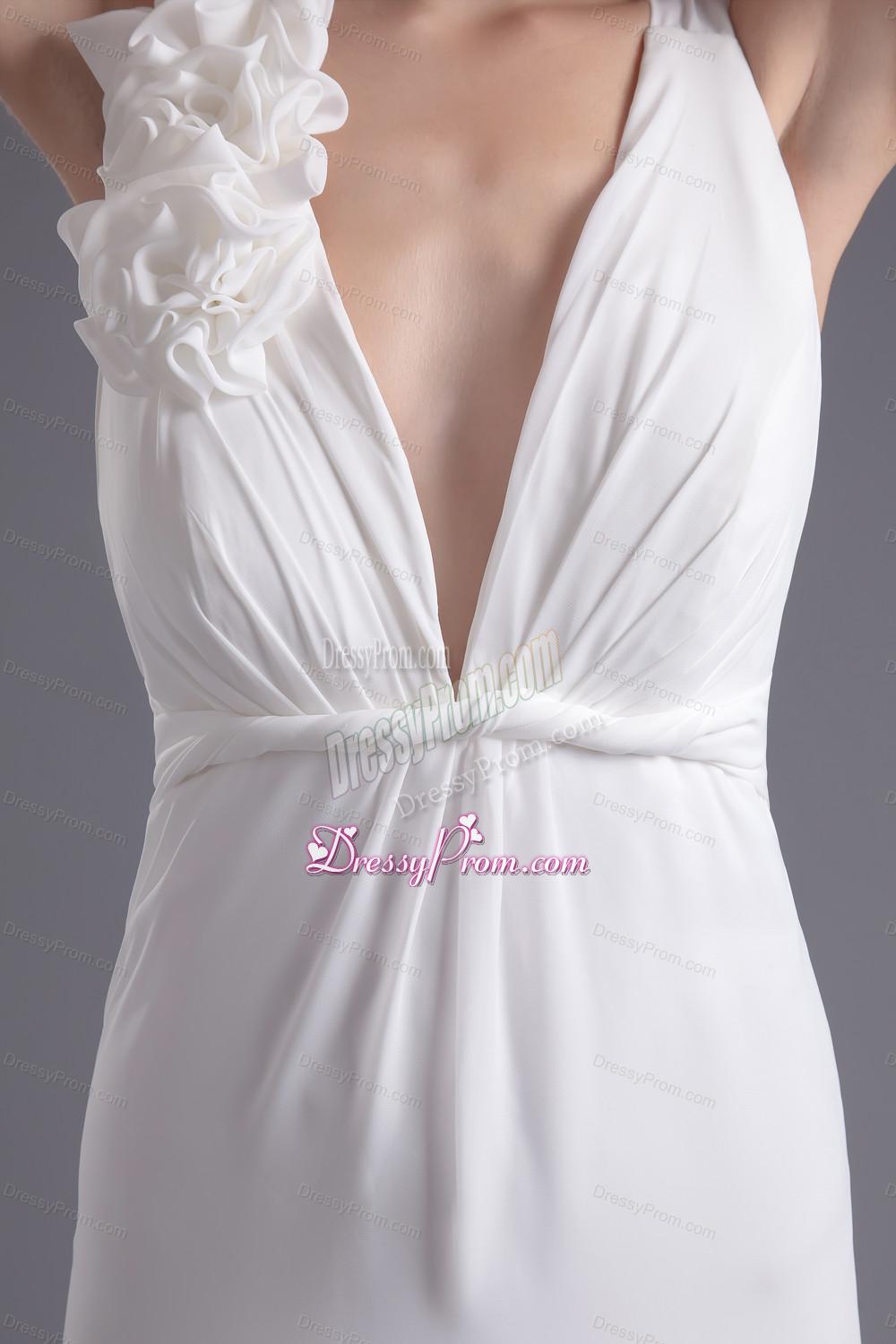 Column White Chiffon V-neck Prom Dress with Hand Made Flowers