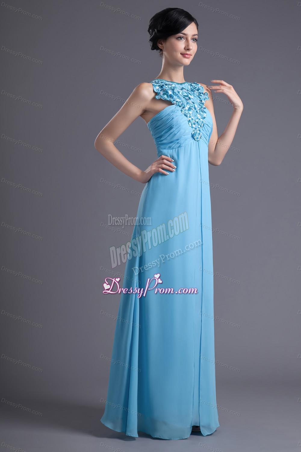 Empire Halter Top Floor-length Beading Aqua blue Prom Dress