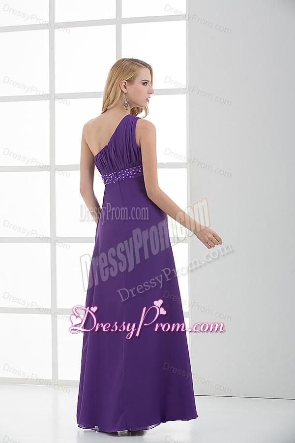 Empire One Shoulder Beading Chiffon Purple Prom Dress