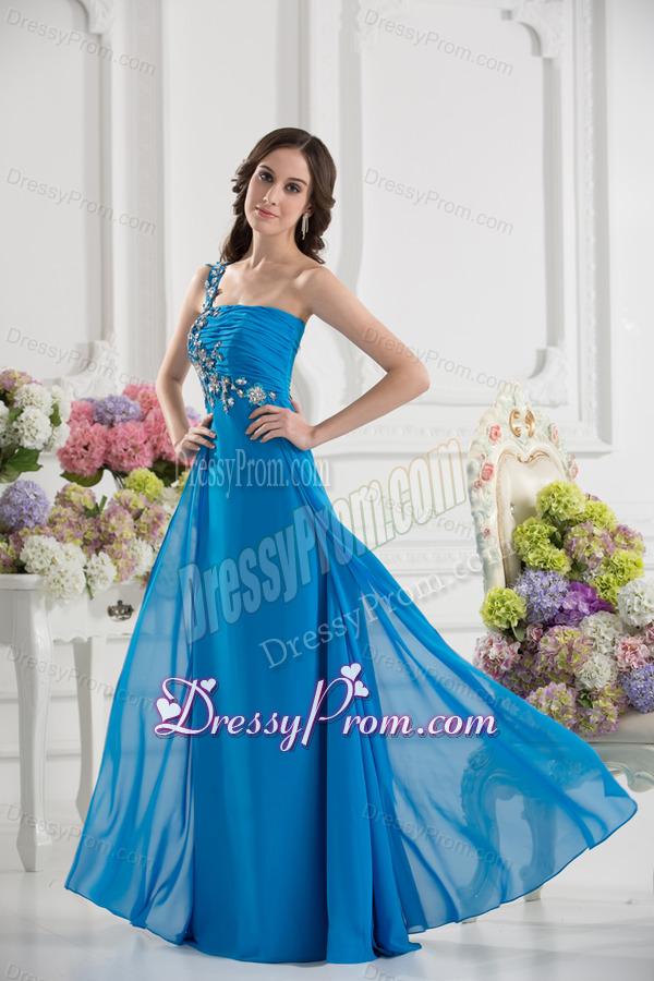 Empire One Shoulder Chiffon Appliques Ruching Dodger Blue Prom Dress