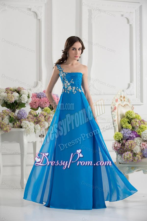 Empire One Shoulder Chiffon Appliques Ruching Dodger Blue Prom Dress