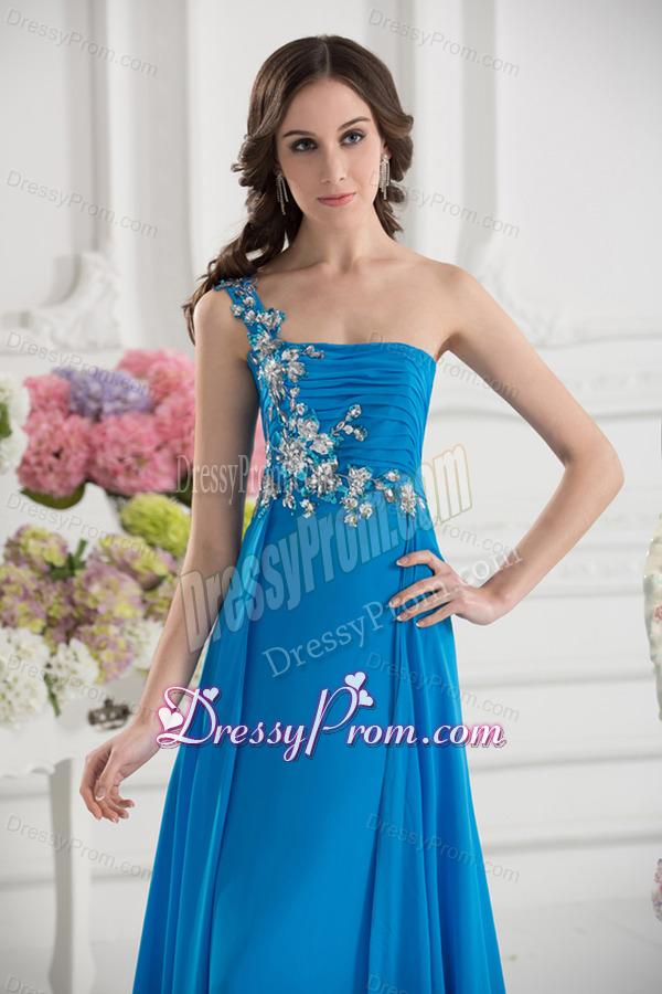 Empire One Shoulder Chiffon Appliques Ruching Dodger Blue Prom Dress