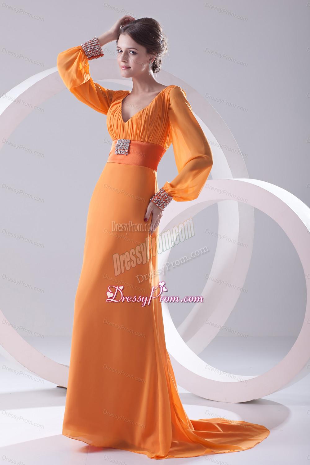 Empire Orange V-neck Long Sleeves Prom Dress with Beading Ruching