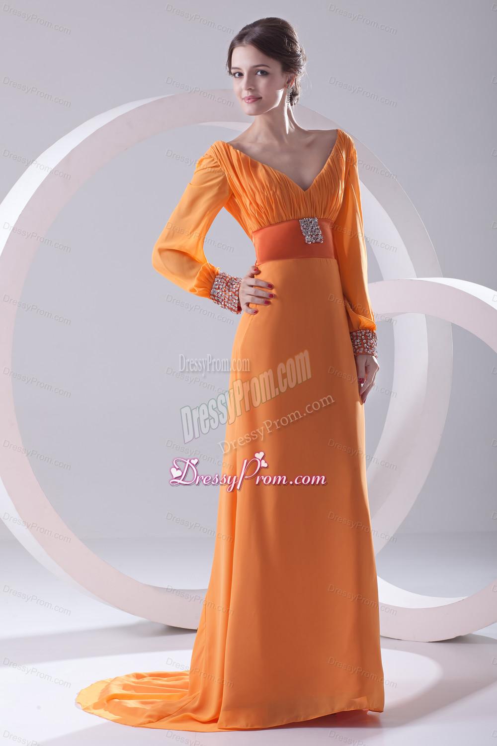 Empire Orange V-neck Long Sleeves Prom Dress with Beading Ruching