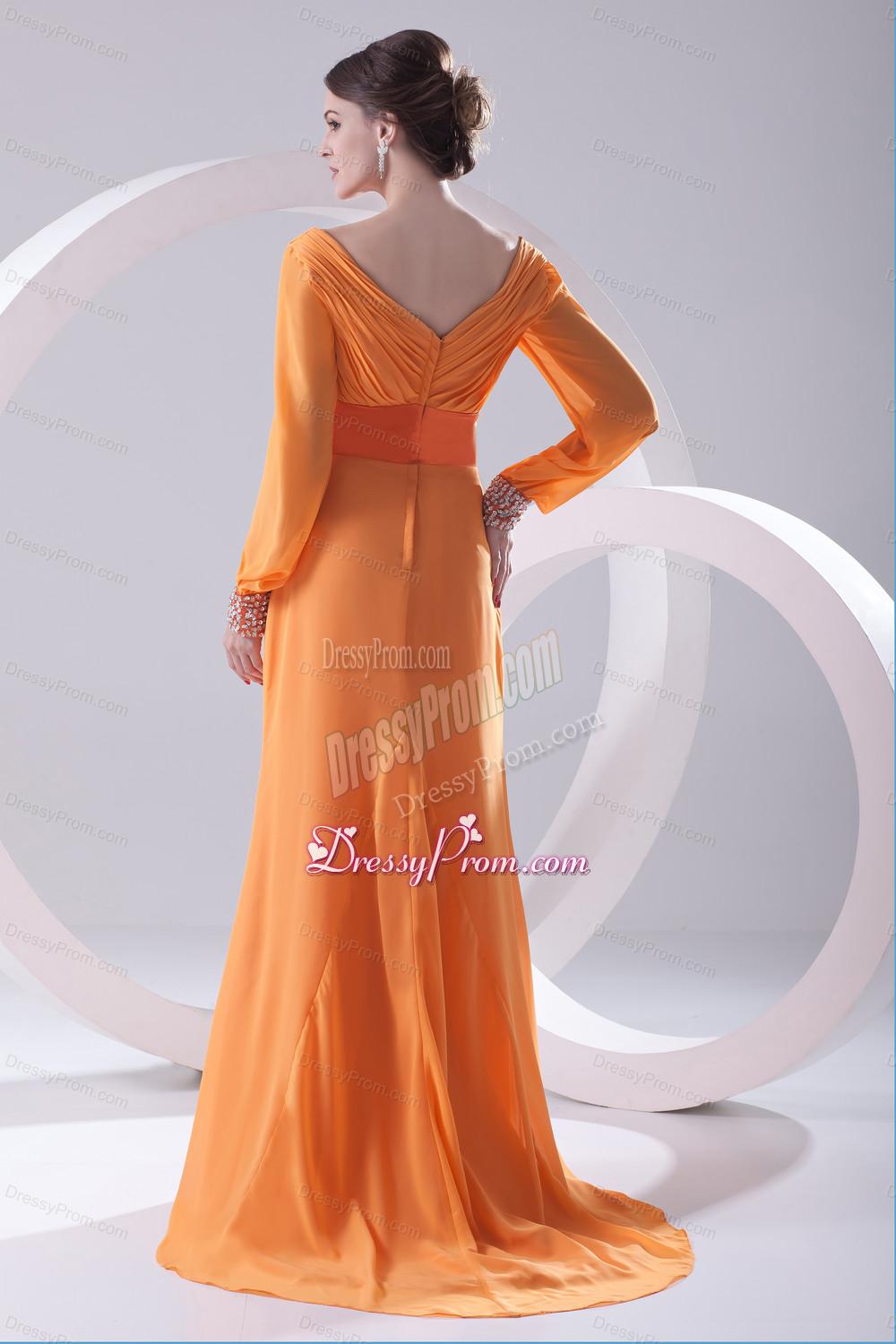 Empire Orange V-neck Long Sleeves Prom Dress with Beading Ruching