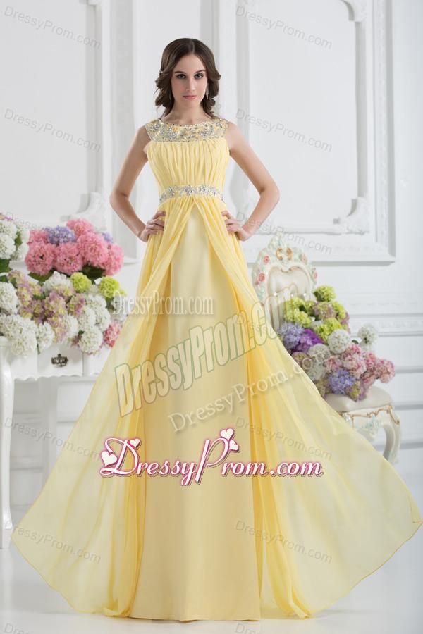 Empire Scoop Beading Ruching Light Yellow Prom Dress