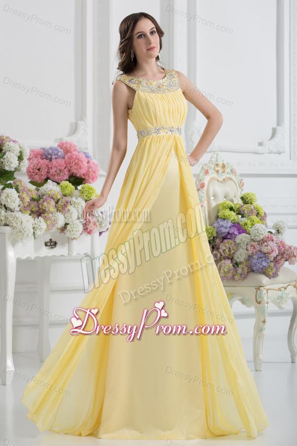 Empire Scoop Beading Ruching Light Yellow Prom Dress