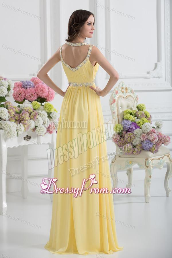 Empire Scoop Beading Ruching Light Yellow Prom Dress