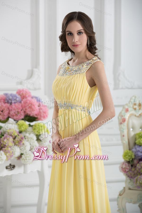 Empire Scoop Beading Ruching Light Yellow Prom Dress