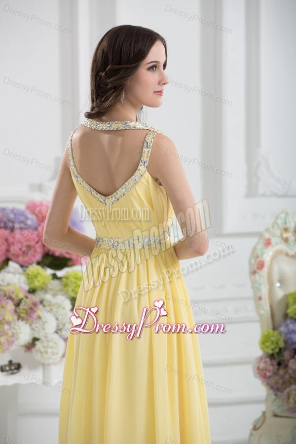 Empire Scoop Beading Ruching Light Yellow Prom Dress