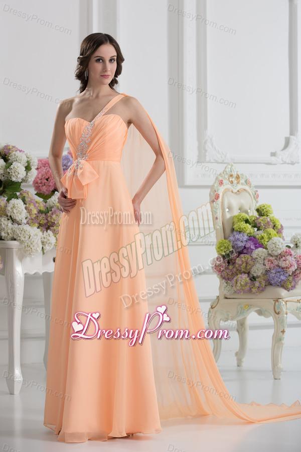One Shoulder Empire Prom Dress with Watteau Train with Orange