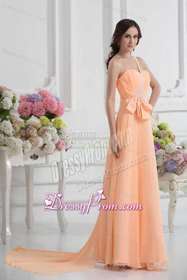 One Shoulder Empire Prom Dress with Watteau Train with Orange