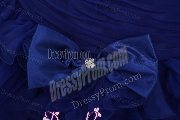 Organza Column Bule Ruffled Layers Bowknot Strapless Prom Dress