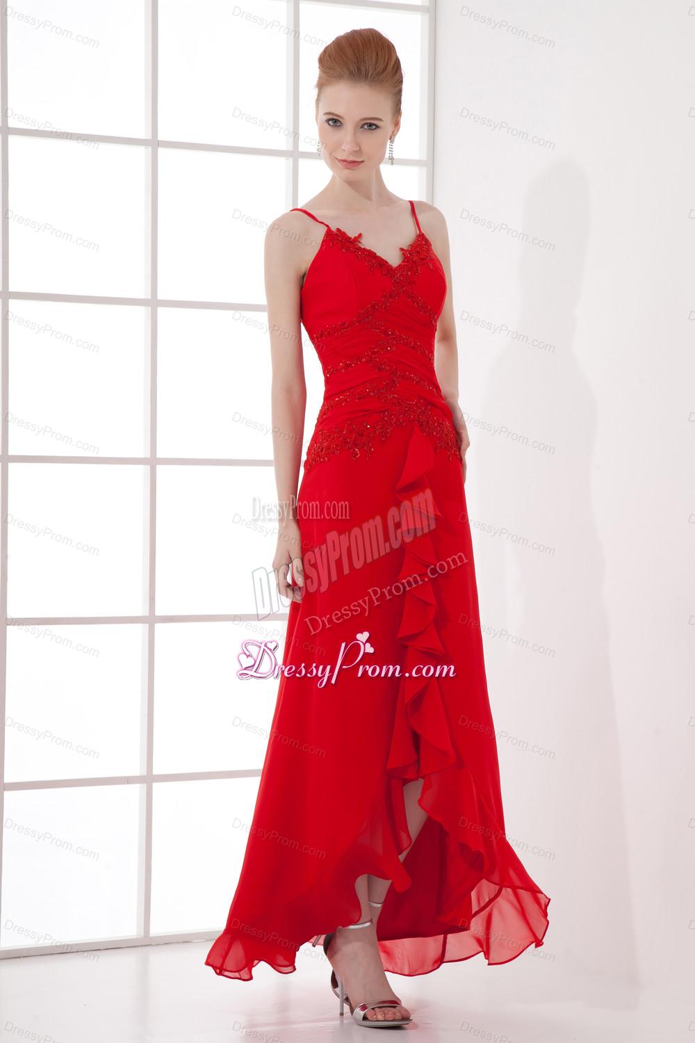 Spaghetti Straps Tea-length Chiffon Red Dresses for Prom