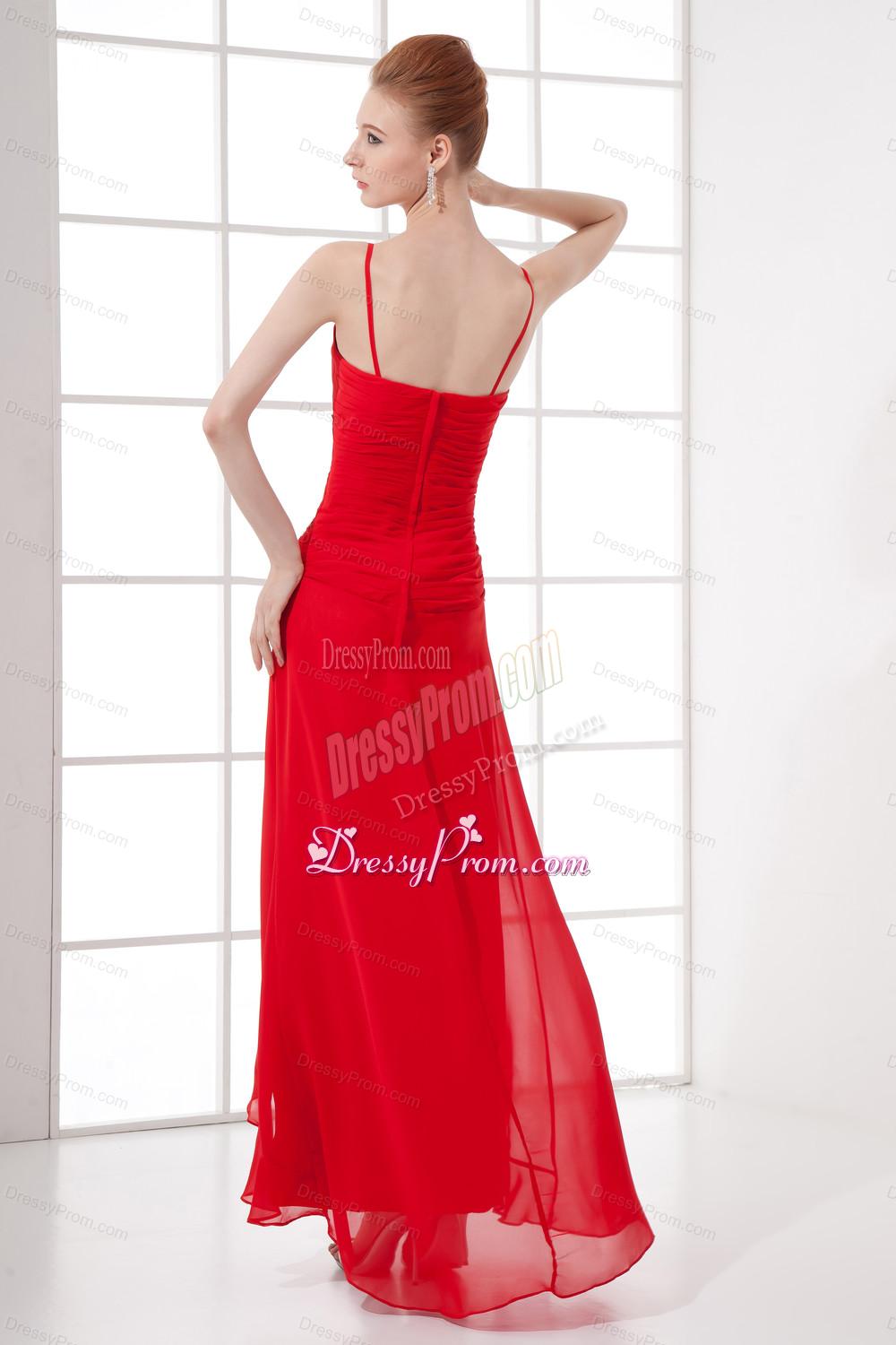Spaghetti Straps Tea-length Chiffon Red Dresses for Prom