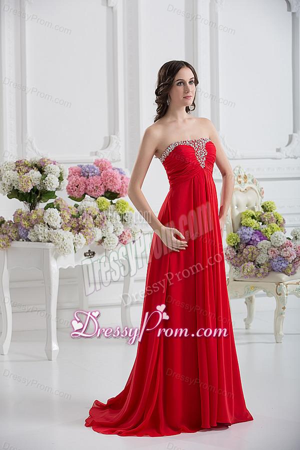 Strapless Empire Beading Ruching Prom Dress with Red