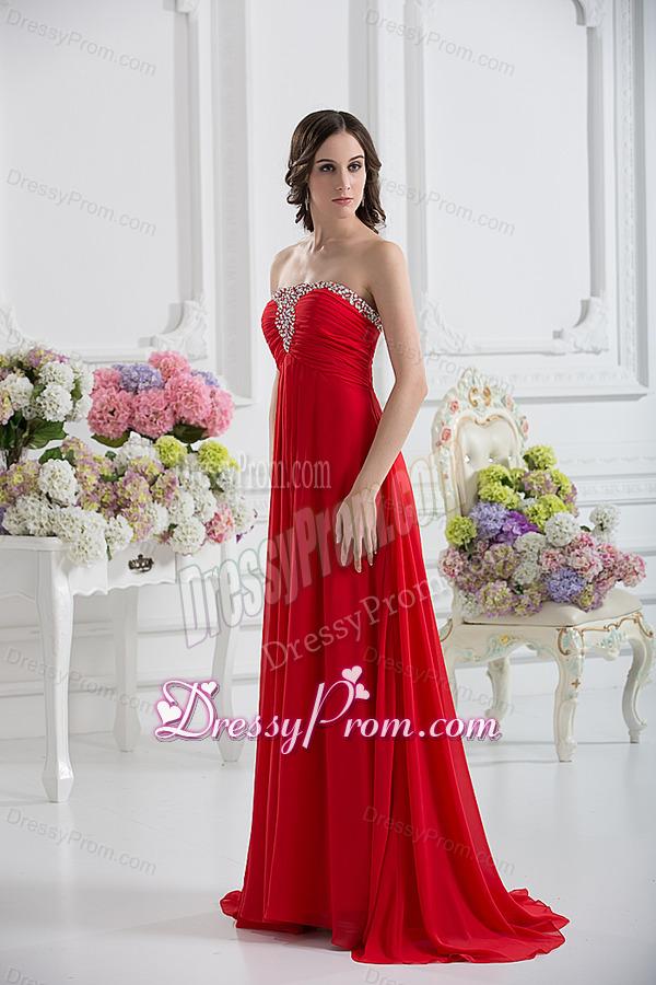 Strapless Empire Beading Ruching Prom Dress with Red