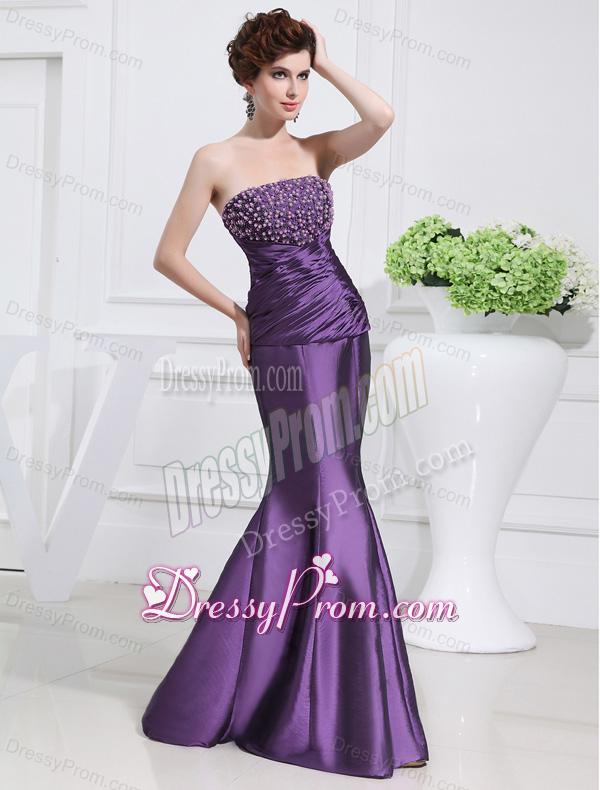 Strapless Floor-length Beading Taffeta Eggplant Purple Prom Dress
