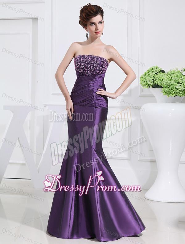 Strapless Floor-length Beading Taffeta Eggplant Purple Prom Dress