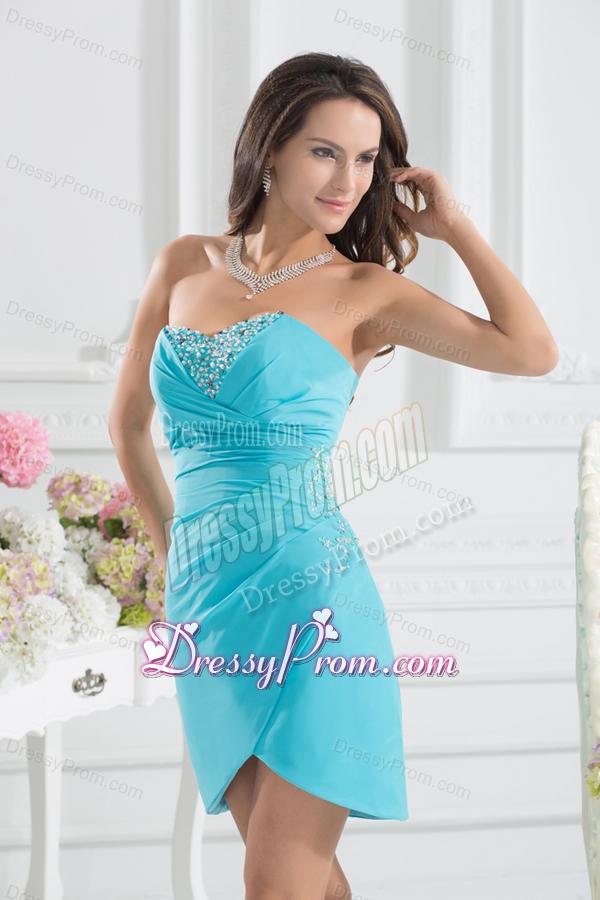 Sweetheart Mini-length Beading Chiffon Aqua Blue Ruching Prom Dress