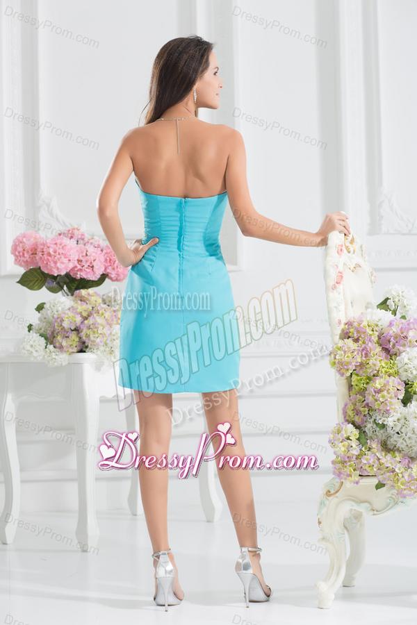 Sweetheart Mini-length Beading Chiffon Aqua Blue Ruching Prom Dress
