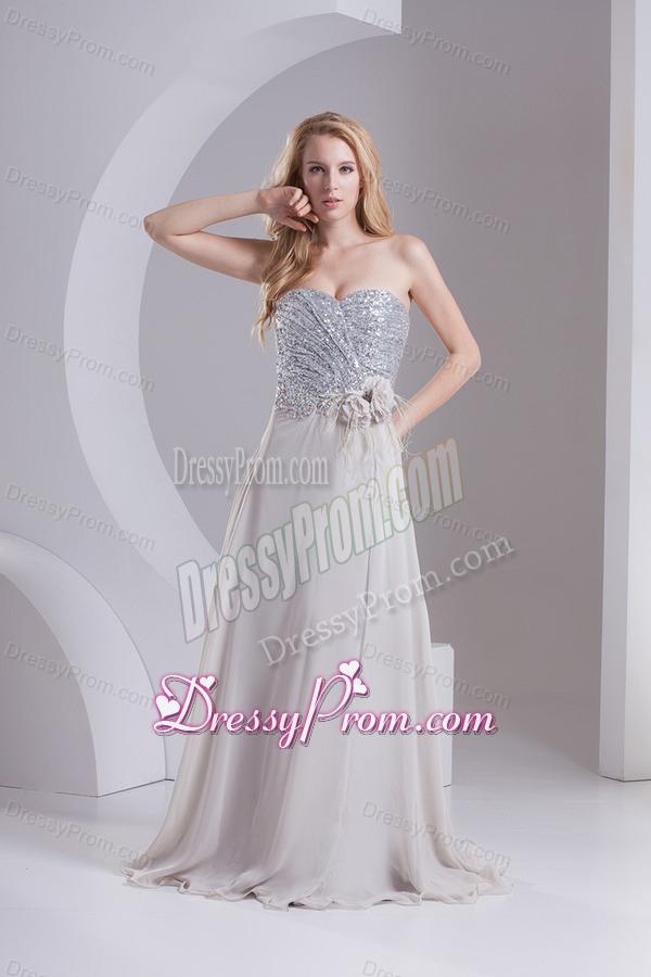 A-line Gray Sweetheart Sleeveless Sequins Prom Dress with Hand Made Flower