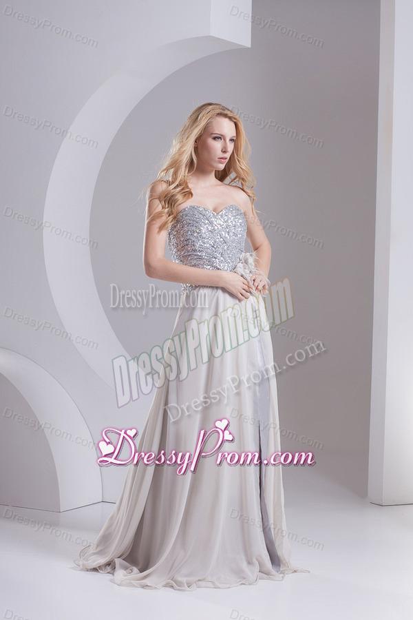A-line Gray Sweetheart Sleeveless Sequins Prom Dress with Hand Made Flower