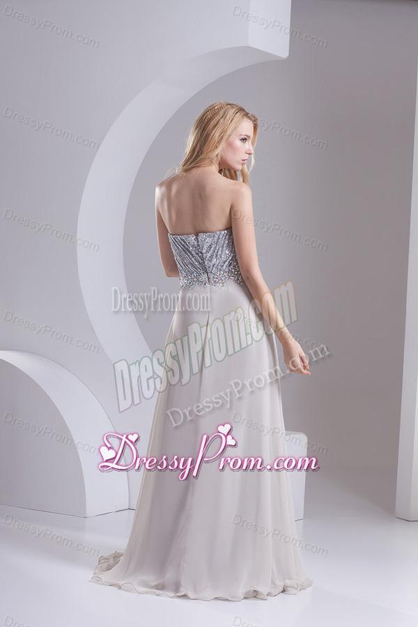 A-line Gray Sweetheart Sleeveless Sequins Prom Dress with Hand Made Flower