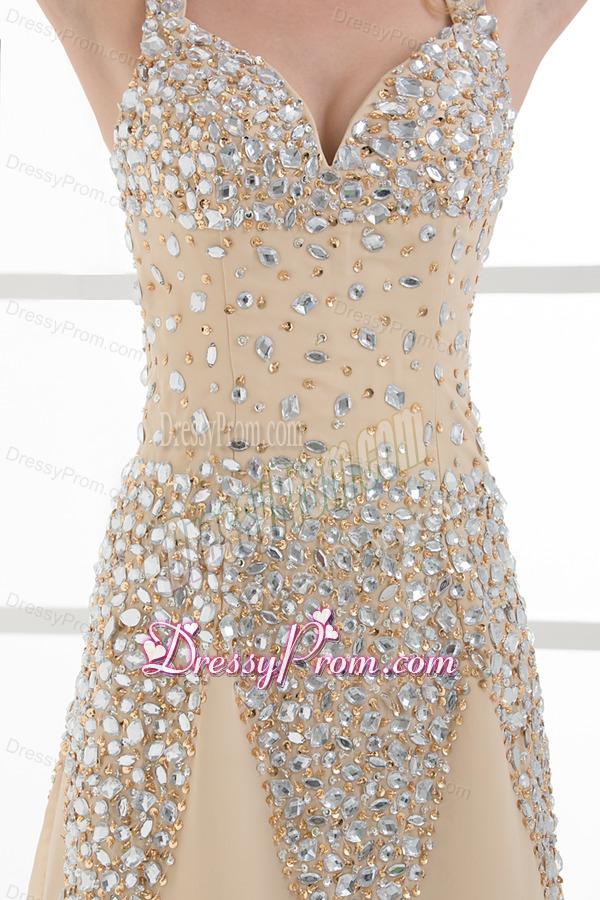 Column Floor-length Beading Organza Champagne Prom Dress