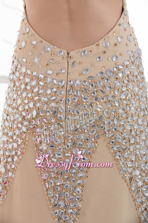 Column Floor-length Beading Organza Champagne Prom Dress