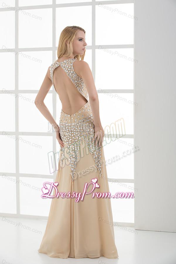 Column Floor-length Beading Organza Champagne Prom Dress