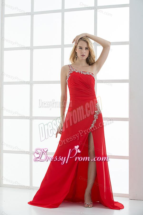 Empire One Shoulder Prom Dress with Beading and Ruching