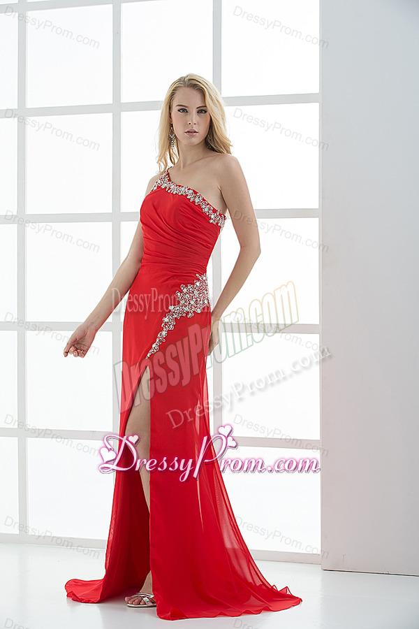 Empire One Shoulder Prom Dress with Beading and Ruching