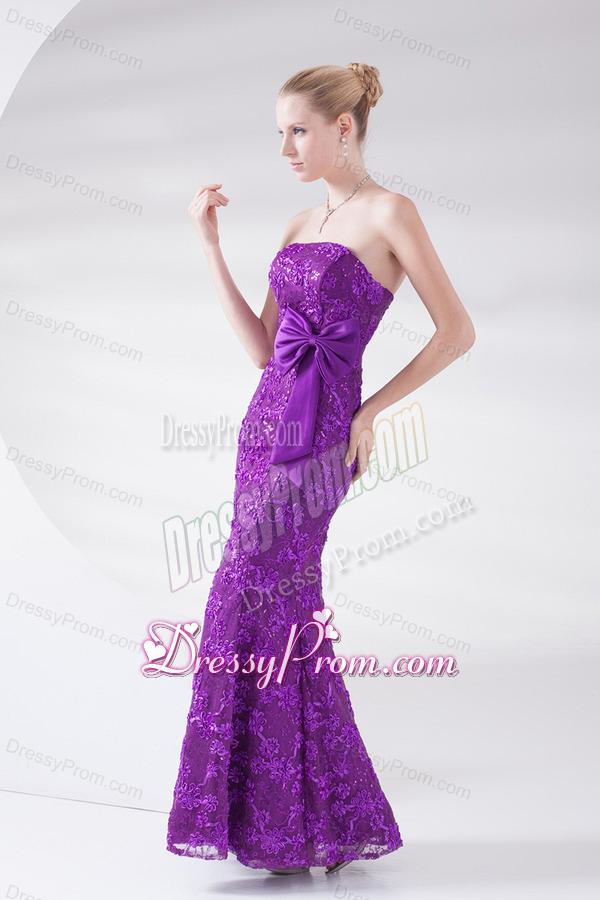 Mermaid Eggplant Purple Strapless Lace Sashes Ankle-length Prom Dress