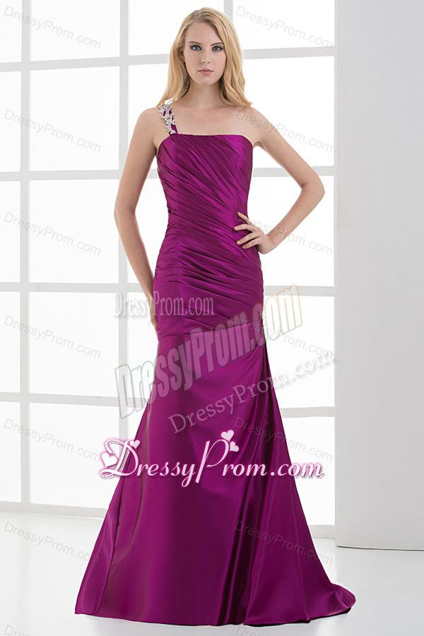 Mermaid Fuchsia One Shoulder Brush Train Beading Taffeta Ruching Prom Dress