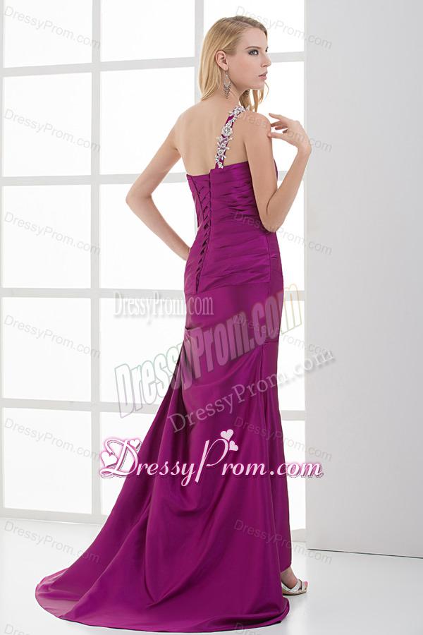 Mermaid Fuchsia One Shoulder Brush Train Beading Taffeta Ruching Prom Dress