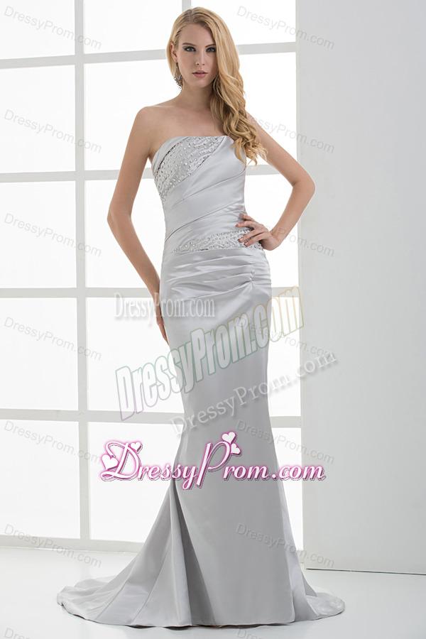 Mermaid Strapless Beading and Ruching Brush Train Silver Prom Dress