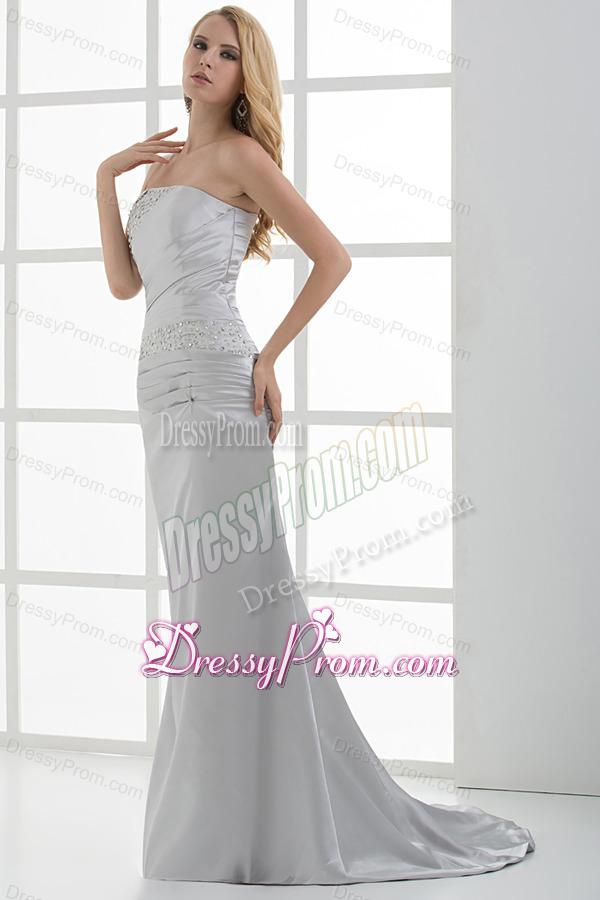 Mermaid Strapless Beading and Ruching Brush Train Silver Prom Dress