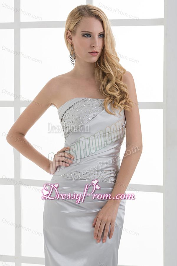 Mermaid Strapless Beading and Ruching Brush Train Silver Prom Dress