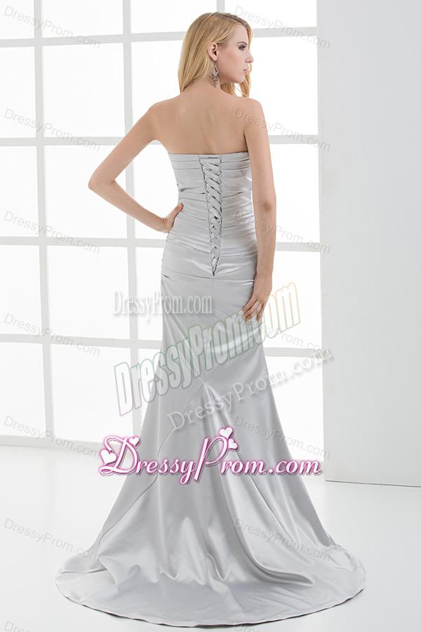 Mermaid Strapless Beading and Ruching Brush Train Silver Prom Dress
